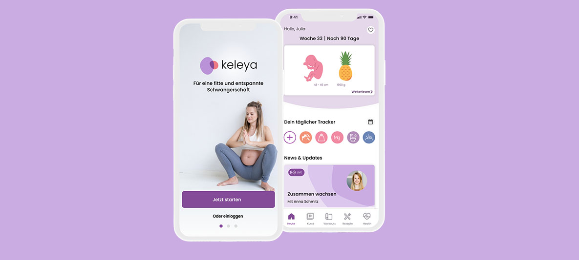 Zwei Bilder eines Smartphonebildschirms mit offener Keleya App Zwei Bilder eines Smartphonebildschirms mit offener Keleya App