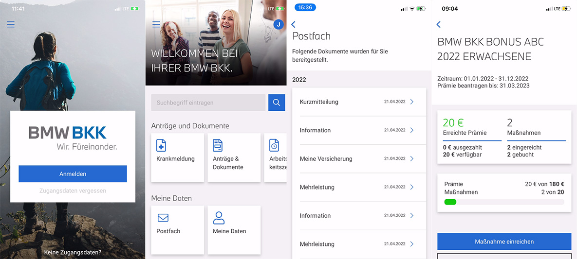 Screenshots der BMW BKK App Screenshots der BMW BKK App